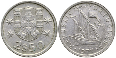 ПОРТУГАЛИЯ 2,5 ЭСКУДО 1977 ПАРУСНИК KM 590 медно-никель 4387-123