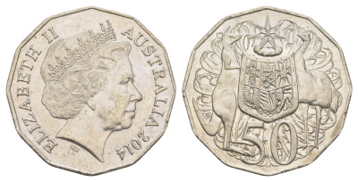 Австралия 50 центов 2014 Елизавета II (1952-2022), герб Австралии, кенгуру KM 404 медно-никель UNC 4381-1032