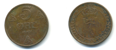 НОРВЕГИЯ 5 ЭРЕ 1931 KM 368 бронза 86-737