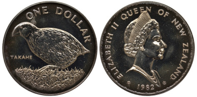 Новая Зеландия 1 доллар 1982 птица тукан, Елизавета II (1952-2022) KM 51 медно-никель UNC 4537-124