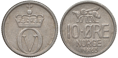 НОРВЕГИЯ 10 ЭРЕ 1963 KM 411 медно-никель 62-1153