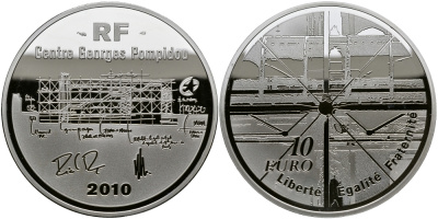 Франция 10 евро 2010 центр  Жоржа Помпиду KM 1686 серебро PROOF 1095-3-61