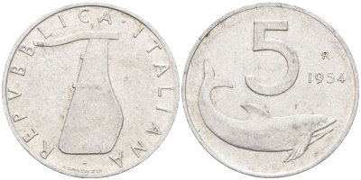 Италия 5 лир 1954 R, плуг, дельфин KM 92 алюминий 4549-328