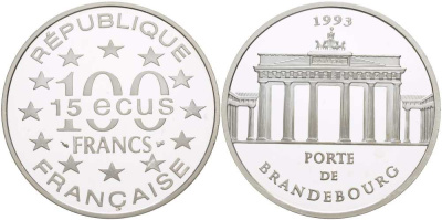 Франция 100 франков - 15 экю 1993 серия архитектурные монументы Европы (Бранденбургские ворота в Берлине) KM 1032 серебро PROOF 1074-5-53
