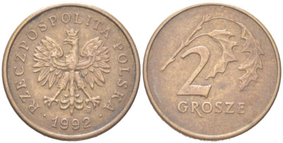 Польша 2 гроша 1992 Y 277 марганец латунь 4614-614