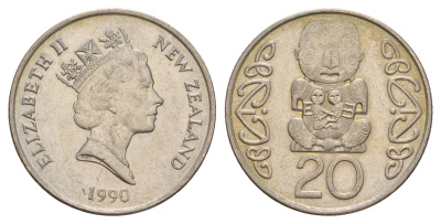 Новая Зеландия 20 центов 1990 Елизавета II (1952-2022), идол Пукаки KM 81 медно-никель aUNC 4650-811