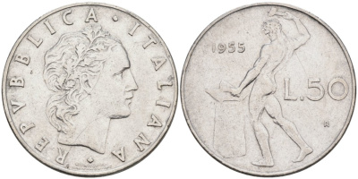 Италия 50 лир 1955 R, Бог огня Вулкан у наковальни KM 95.1 нержавеющая сталь 4573-811