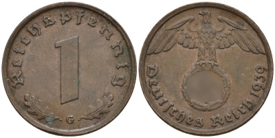 Германия 1 рейхспфенниг 1939 G KM 89, J. 361 бронза 4147-1224