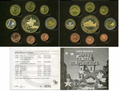 ЧЕХИЯ ЕВРОНАБОР ИЗ 9 МОНЕТ (С 5 ЕВРО) 2004 PROBA, ПРОБНИКИ PROOF 3-5-3