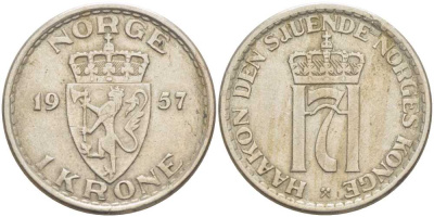 НОРВЕГИЯ 1 КРОНА 1957 ХАКОН VII (1905-1957) KM 397 медно-никель 213-721