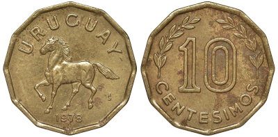 Уругвай 10 сентесимо 1978 KM 66 алюминиевая бронза 4164-766
