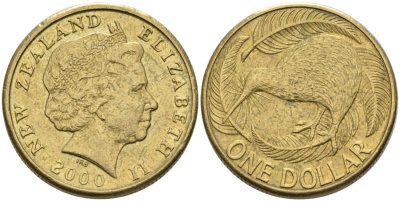 Новая Зеландия 1 доллар 2000 Елизавета II (1952-2022), птица киви  KM 120 алюминиевая бронза 29-552