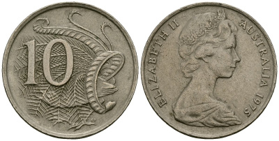 Австралия 10 центов 1975 Елизавета II (1952-), птица лирахвост KM 65 медно-никель 4167-111