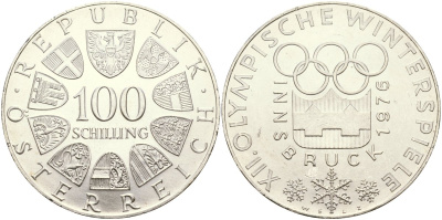 Австрия 100 шиллингов 1974 XII зимние Олимпийские игры в Инсбруке, эмблема KM 2926 серебро UNC 04-324-45