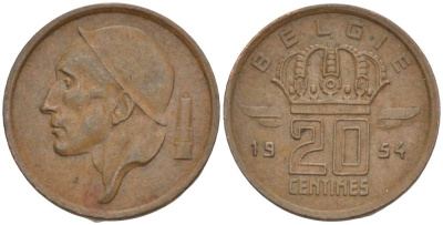 Бельгия 20 сантимов 1954 Belgie, Бодуэн I (1951-1993) KM 147.1 бронза 4528-913