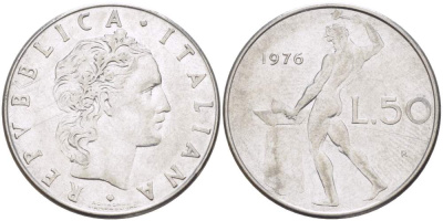 Италия 50 лир 1976 R, бог Вулкан у наковальни KM 95.1 нержавеющая сталь 113-234