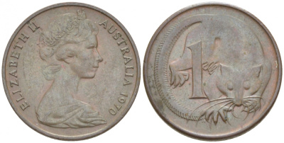 АВСТРАЛИЯ 1 ЦЕНТ 1970 ЕЛИЗАВЕТА II, МОЛОДОЙ ПОРТРЕТ, ОПОССУМ КМ 62 бронза 3851-1069