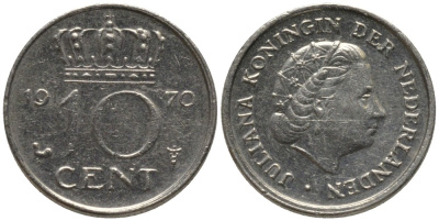 Нидерланды 10 центов 1970 Юлиана (1948-1980) KM 182 никель 116-513