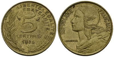 Франция 5 сантимов 1975 тип Marianne KM 933 алюминиевая бронза 4136-439