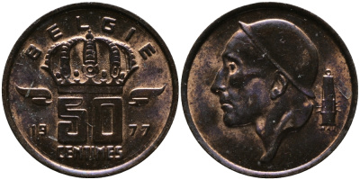 Бельгия 50 сантимов 1977 Belgie, Бодуэн I (1951-1993) KM 149.1 бронза 99-349