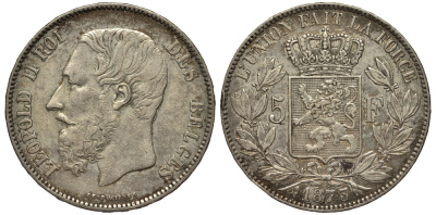 Бельгия 5 франков 1873 Леопольд II (1865-1909), ПОЗИЦИЯ А KM 24 серебро 1529-1044
