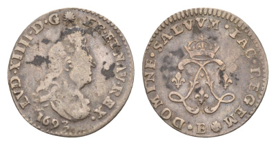 Франция 4 соля 2 денье 1693 E, Людовик XIV (1643-1715) KM 281 серебро 1515-341