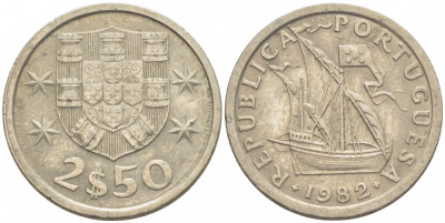 ПОРТУГАЛИЯ 2,5 ЭСКУДО 1982 ПАРУСНИК KM 590 медно-никель 3718-326