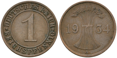 Германия 1 рейхспфенниг 1934 A KM 37, J. 313 бронза 4189-1243