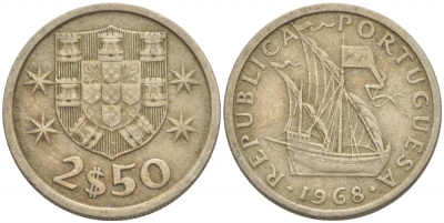 ПОРТУГАЛИЯ 2,5 ЭСКУДО 1968 ПАРУСНИК KM 590 медно-никель 3718-314