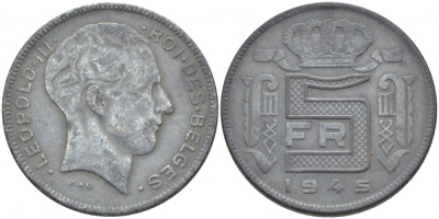 Бельгия 5 франков 1945 Belges, Леопольд III (1934-1947), германская оккупация KM 129.1 цинк 4448-945