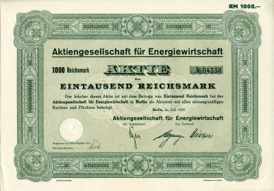 Германия 1000 рейхсмарок 1937 АО Энергетики, поставщик электроэнергии, Берлин, акция   бумага   8803-144-1