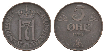 Норвегия 5 эре 1911 Хокон VII (1905-1957) KM 368 бронза 4654-937