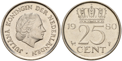 Нидерланды 25 центов 1980 Юлиана (1949-1980) KM 183 никель    4598-131