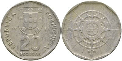 ПОРТУГАЛИЯ 20 ЭСКУДО 1987 INCM KM 634.1 медно-никель 1524-824