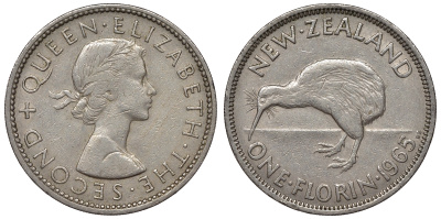 Новая Зеландия 1 флорин 1965 птичка киви, Елизавета II (1952- ) KM 28.2 медно-никель    4117-444