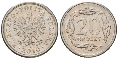 Польша 20 грошей 2010 MW KM 280 медно-никель UNC 4383-132