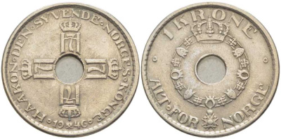 НОРВЕГИЯ 1 КРОНА 1946 ХОКОН VII (1905-1957) KM 385 медно-никель 119-951