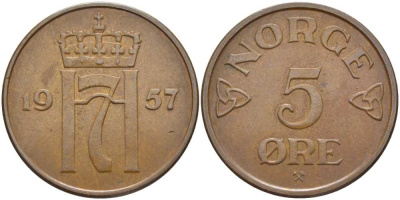 НОРВЕГИЯ 5 ЭРЕ 1957 ХОКОН VII (1905-1957) KM 400 бронза 115-824