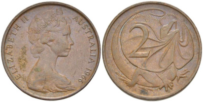 Австралия 2 цента 1966 Елизавета II (1952-), плащеносная ящерица KM 63 бронза 4519-427