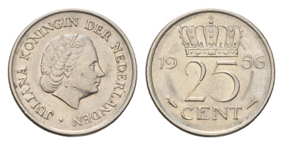Нидерланды 25 центов 1956 Юлиана (1948-1980) KM 183 никель 4658-768