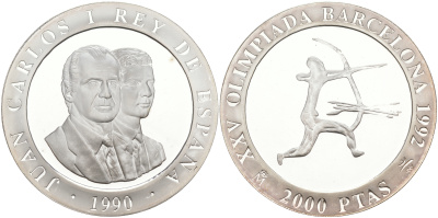 Испания 2000 песет 1990 XXV летние Олимпийские игры 1992 года в Барселоне, стрельба из лука KM 861 серебро PROOF 1072-8-32