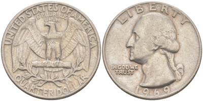 США 25 центов (квотер) 1969 Вашингтон KM 164a медь плакированная медно-никелем 80-611
