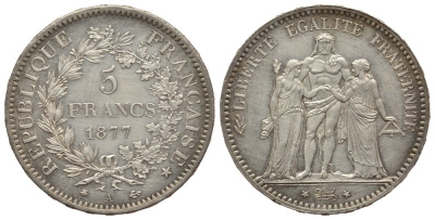 Франция 5 франков 1877 А, Геракл с богинями равенства и братства KM 820.1 серебро aUNC 1522-712