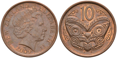 Новая Зеландия 10 центов 2009 маска Маори, Елизавета II (1952-) KM 117а сталь плакированная медью 4179-1017