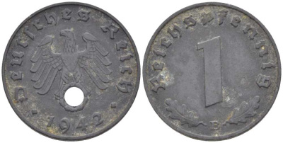 ГЕРМАНИЯ 1 РЕЙХСПФЕННИГ 1942 B  KM 97, J. 369 цинк 211-521