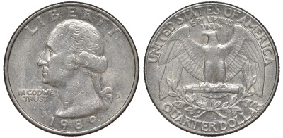 США 25 центов = квотер 1989 D, Вашингтон KM A164a медь плакированная медно-никелем 4556-1037