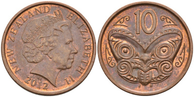 Новая Зеландия 10 центов 2012 маска Маори, Елизавета II (1952-) KM 117а сталь плакированная медью 63-941