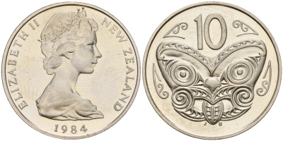 Новая Зеландия 10 центов 1984 Елизавета II (1952-2022), маска маори KM 41 медно-никель PROOF 3711-1513