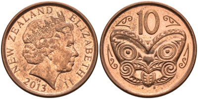 Новая Зеландия 10 центов 2013 маска Маори, Елизавета II (1952-) KM 117а сталь плакированная медью 106-852