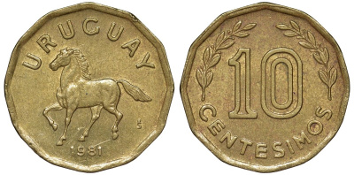 Уругвай 10 сентесимо 1981 KM 66 алюминиевая бронза 4169-543